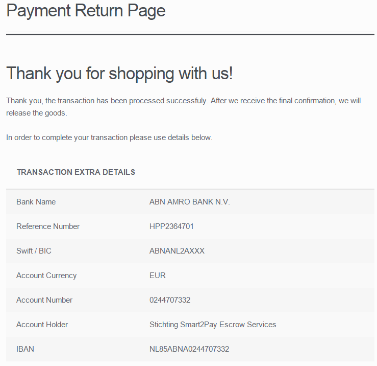 1 Payment return page when the redirection status is a success