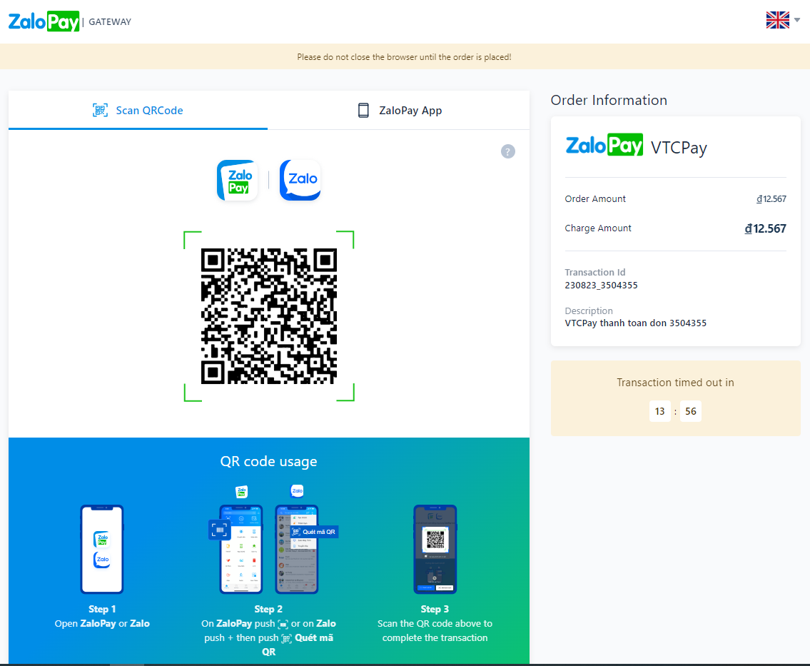 1 Zalo Pay payment page